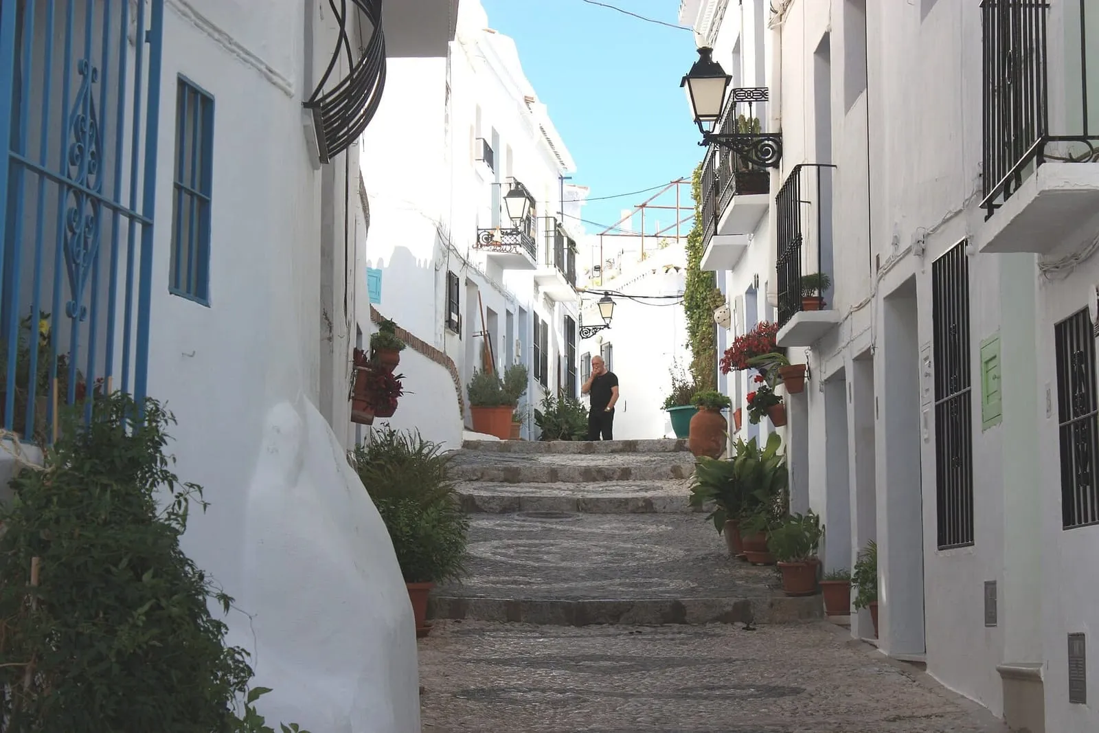Calle estrecha de casas blancas con escalones y macetas en Frigiliana